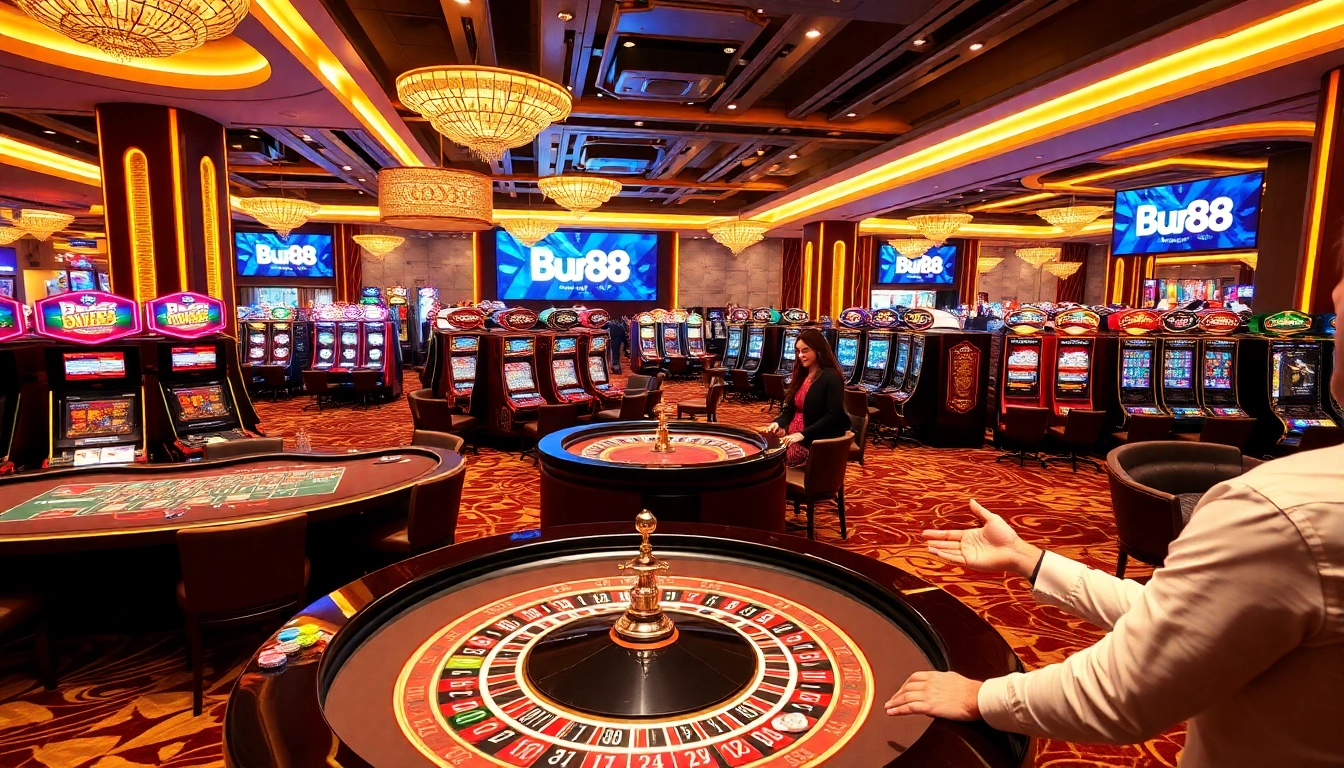 Players engaging in thrilling games at Bu88 online casino featuring vibrant tables and slot machines.