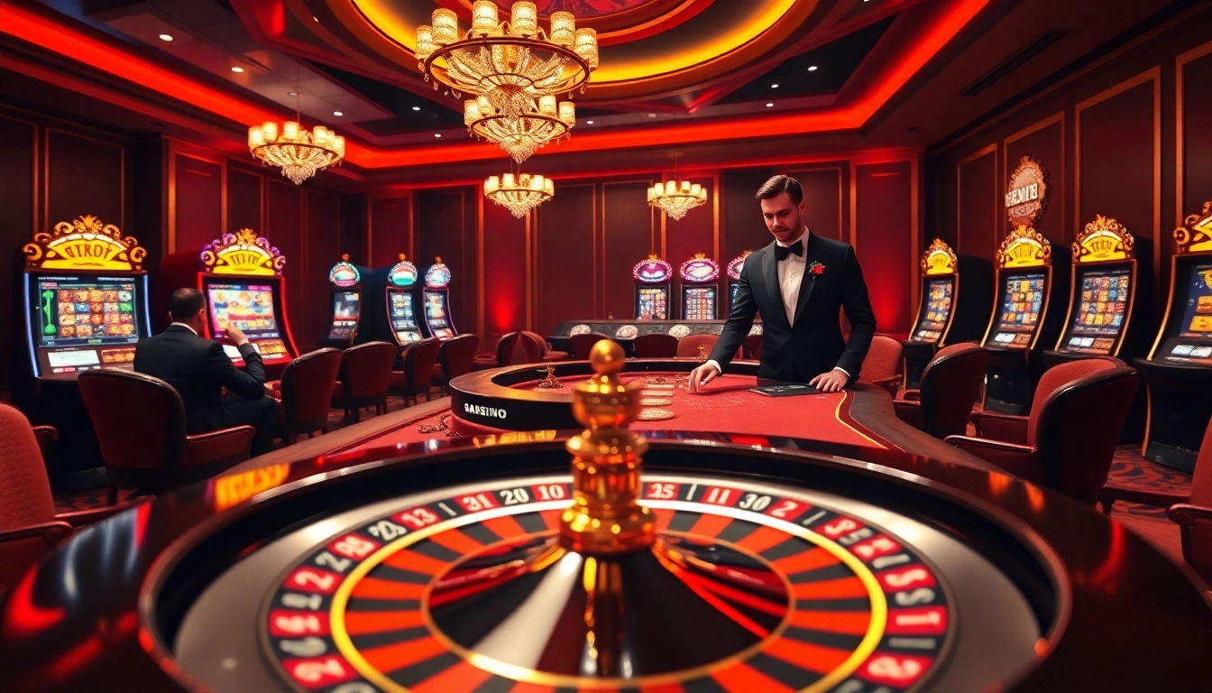Experience high-stakes gaming at https://thabet.vegas/, showcasing an elegant poker table and vibrant slot machines.