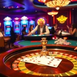 Excited players engaging at a poker table and roulette wheel at 789club casino.