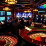 Betting excitement at a luxury casino scene showcasing usbet strategies with vibrant screens and cards.