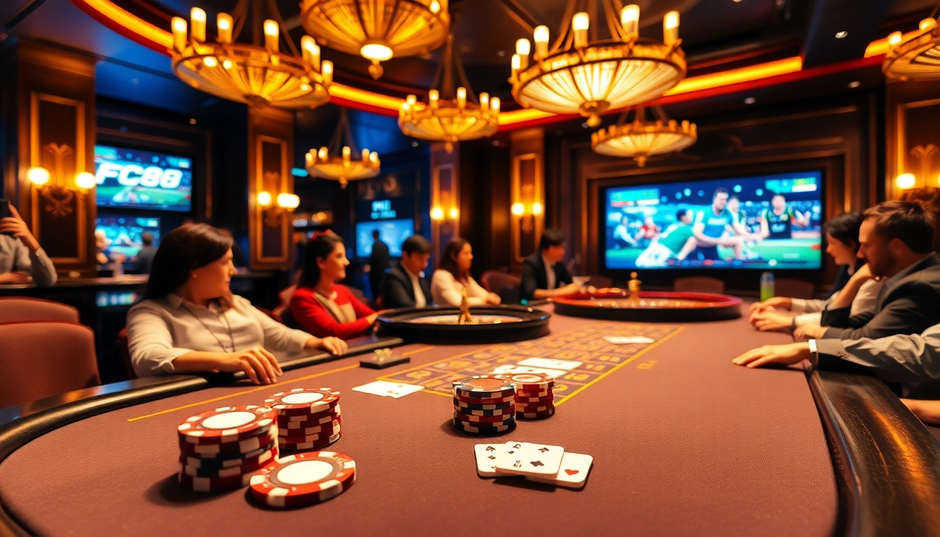Experience an exciting game at FC88 with stunning poker chips and vibrant casino ambiance.