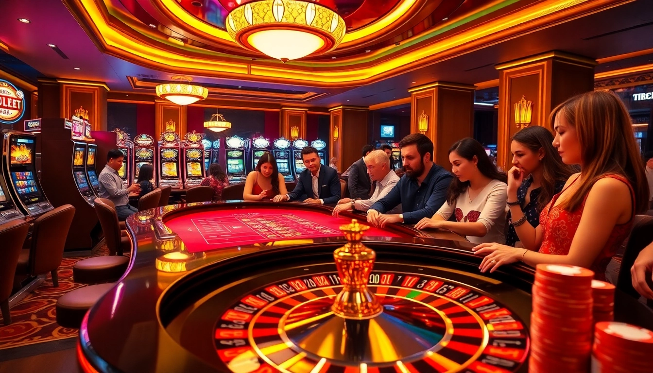 KJC players enjoying vibrant games at a luxurious casino, featuring roulette and slots.