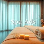 Spa Ads featuring a serene massage room with soft lighting, plush towels, and calming decor