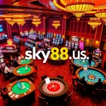 Engaging scene from sky88 us showing vibrant slot machines and enthusiastic gamblers in a luxurious casino setting.