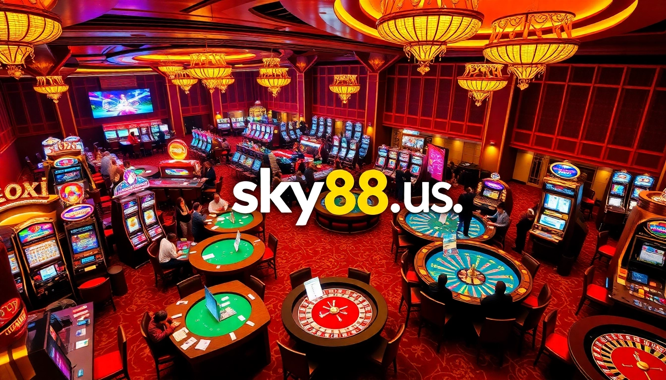 Engaging scene from sky88 us showing vibrant slot machines and enthusiastic gamblers in a luxurious casino setting.