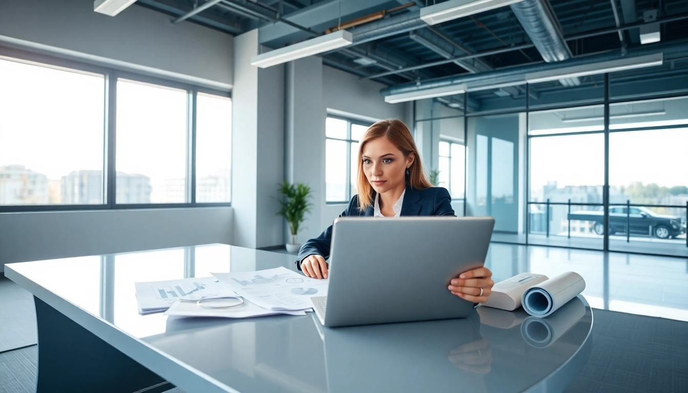 Biuro rachunkowe dla firmy budowlanej z profesjonalnym księgowym w nowoczesnym biurze.