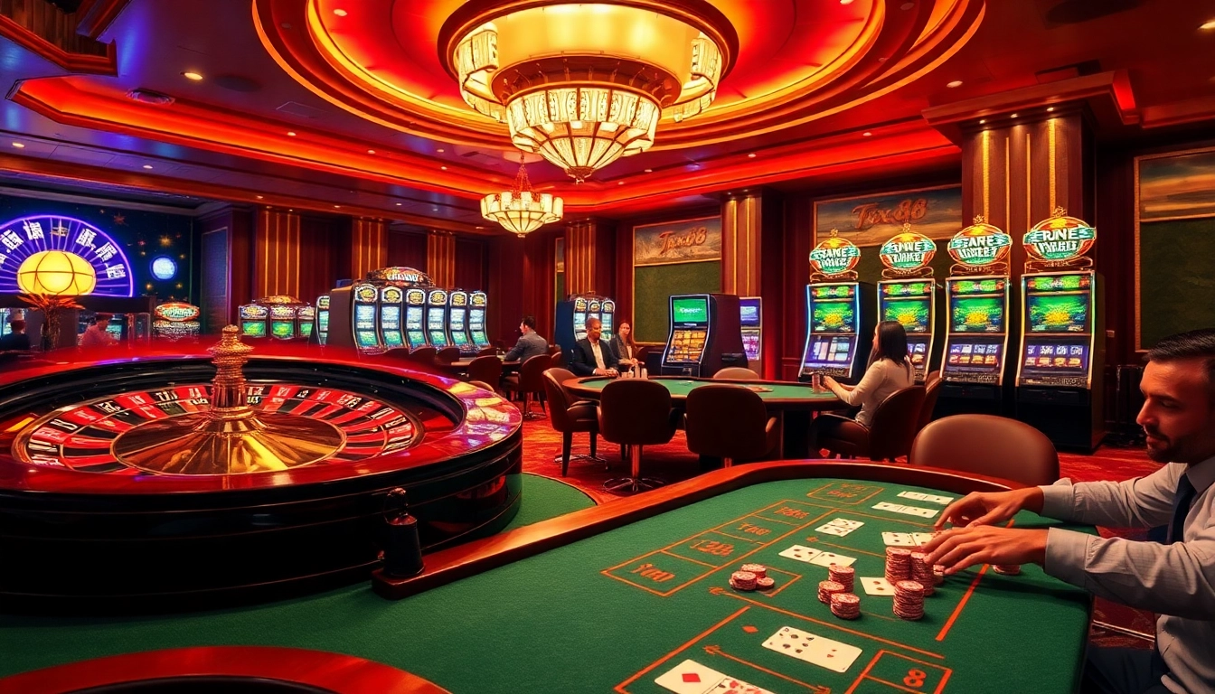 Engage in high-stakes gaming at TX88 casino, featuring roulette, poker tables, and vibrant slot machines.