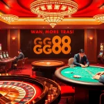 GG88 players strategically bet at vibrant casino tables filled with chips and winning cards.