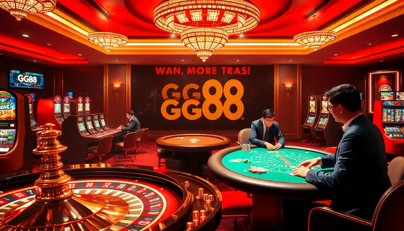 GG88 players strategically bet at vibrant casino tables filled with chips and winning cards.