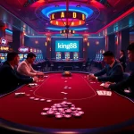 Exciting gameplay at king88 casino with luxurious poker table and vibrant slot machines.