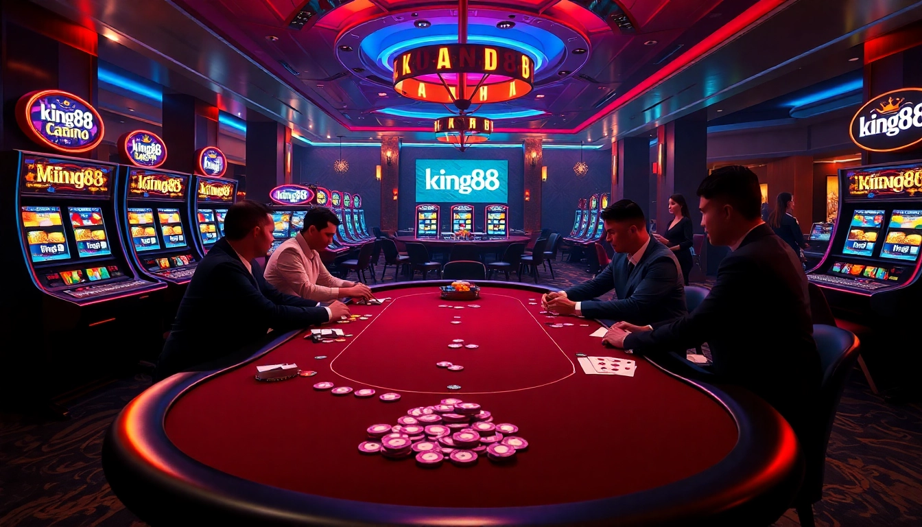 Exciting gameplay at king88 casino with luxurious poker table and vibrant slot machines.