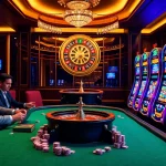 Hello88 casino scene with poker players at a lush table, highlighted excitement and luxury.