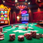 M88 gamblers experience high-stakes excitement at a vibrant casino with elegant poker tables.