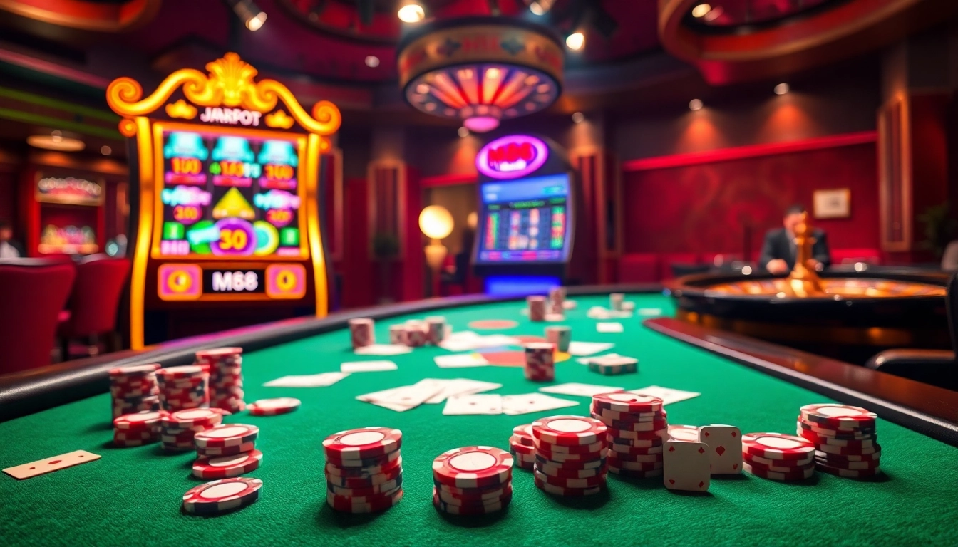 M88 gamblers experience high-stakes excitement at a vibrant casino with elegant poker tables.