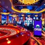 Engaged players enjoy exciting games at DR88’s luxurious casino, with vibrant slot machines and poker tables.