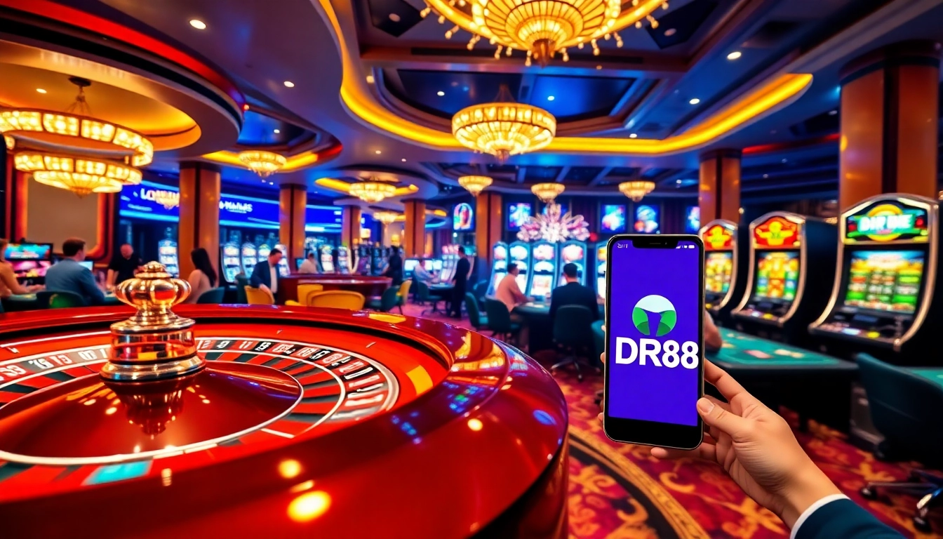 Engaged players enjoy exciting games at DR88’s luxurious casino, with vibrant slot machines and poker tables.