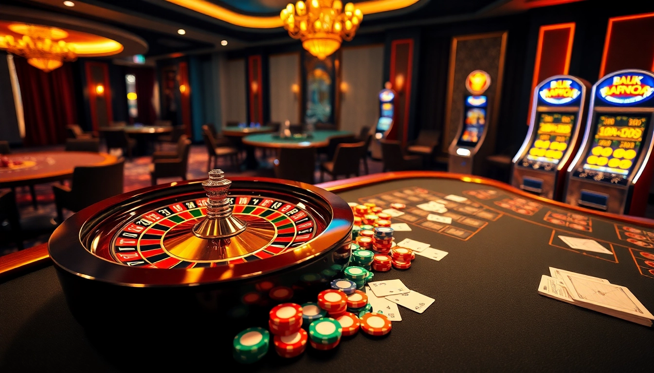 Experience the thrill of gambling at https://mm88.in.net/ with a luxurious casino scene featuring roulette, poker, and slot machines.