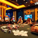 Excited players placing bets at a luxurious Vb88 casino poker table with colorful chips.
