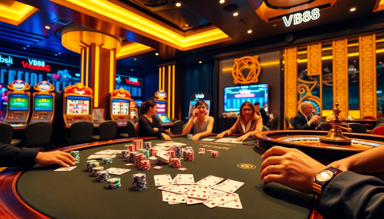Excited players placing bets at a luxurious Vb88 casino poker table with colorful chips.