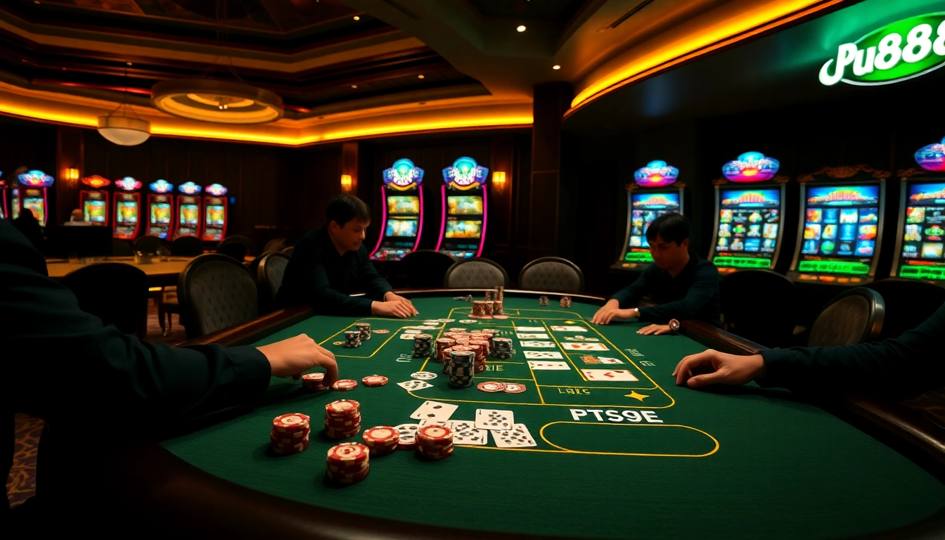 Intense gamblers at PU888 casino table with vibrant poker chips and cards, showcasing professional gaming atmosphere.