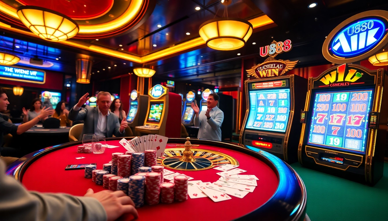 U888 casino excitement with poker chips, cards, and a roulette wheel in a luxurious setting.