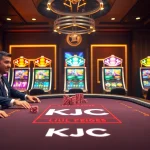 KJC poker players strategizing at a luxurious casino table amidst vibrant gaming atmosphere.
