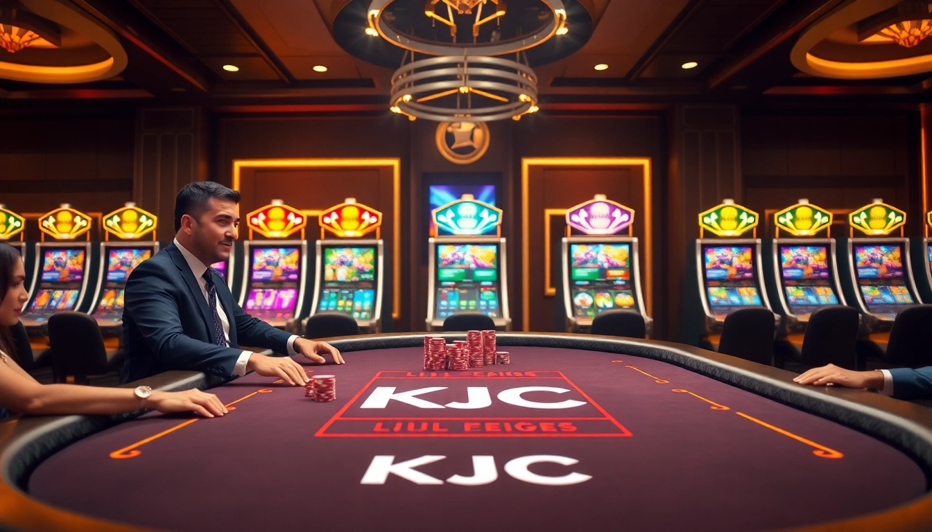 KJC poker players strategizing at a luxurious casino table amidst vibrant gaming atmosphere.