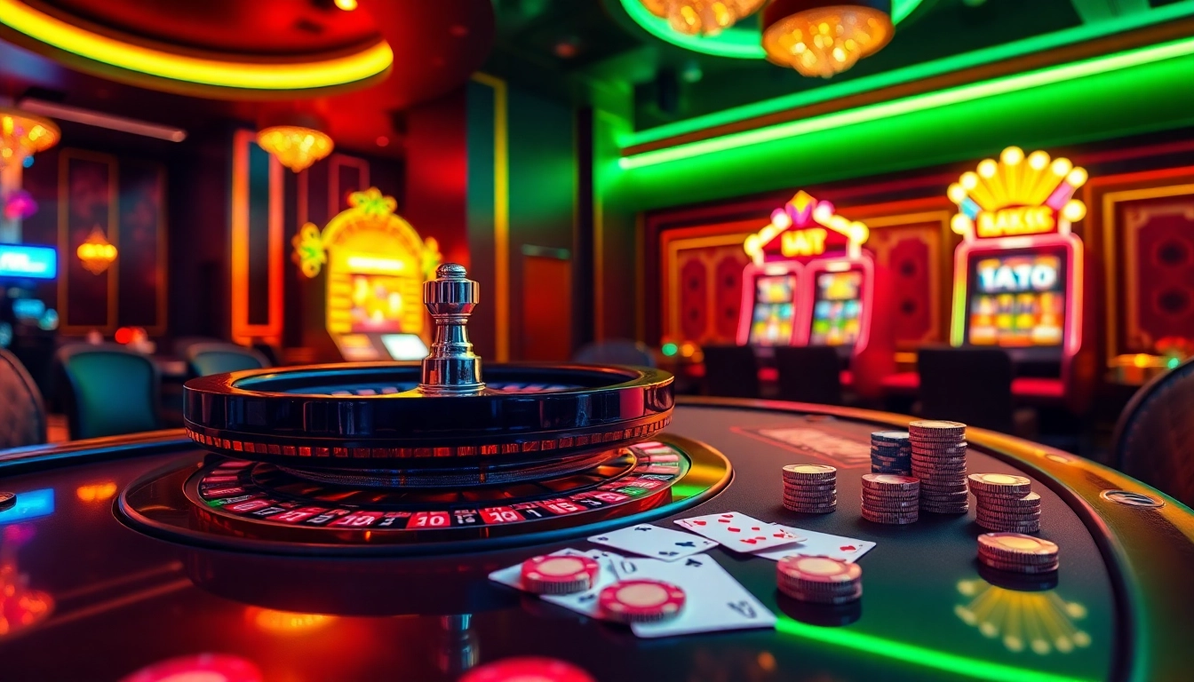 Experience the thrill of ok365 vip with an elegant casino scene featuring a roulette wheel and poker table.