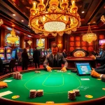Engaging players at a poker table in a luxurious casino inspired by https://sumvip.app/ with high-stakes chips and glamorous decor.