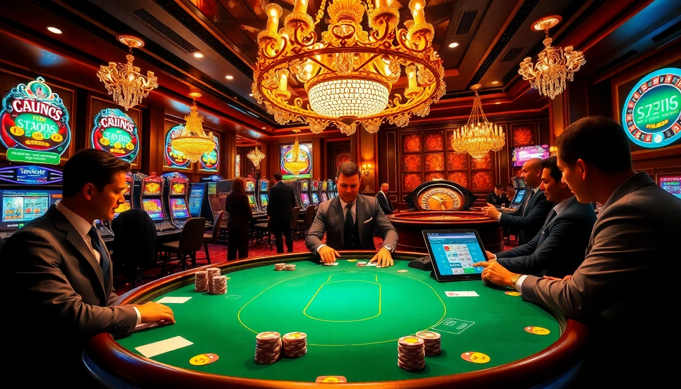 Engaging players at a poker table in a luxurious casino inspired by https://sumvip.app/ with high-stakes chips and glamorous decor.