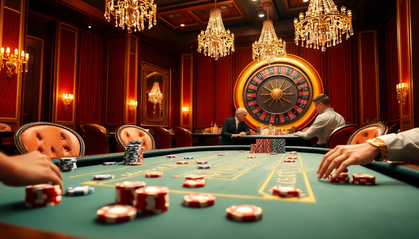 Engaging players strategizing at a luxurious poker table featuring Game RR99 casino chips.