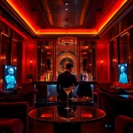 Engaging scene of a spicy AI-themed lounge bar with interactive chatbots.