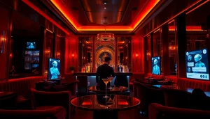 Engaging scene of a spicy AI-themed lounge bar with interactive chatbots.