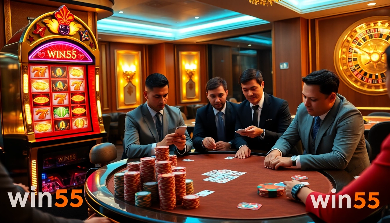 Players engaging with a luxurious win55-themed slot machine in an upscale casino scene.