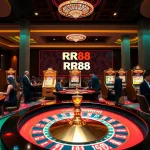 Experience the excitement of RR88 Casino with vibrant gaming tables and illuminated slot machines.