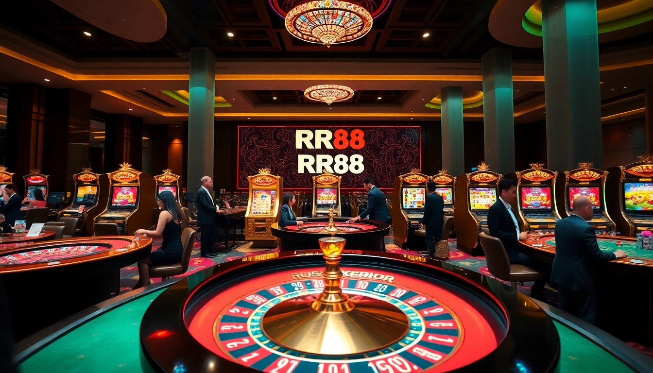 Experience the excitement of RR88 Casino with vibrant gaming tables and illuminated slot machines.