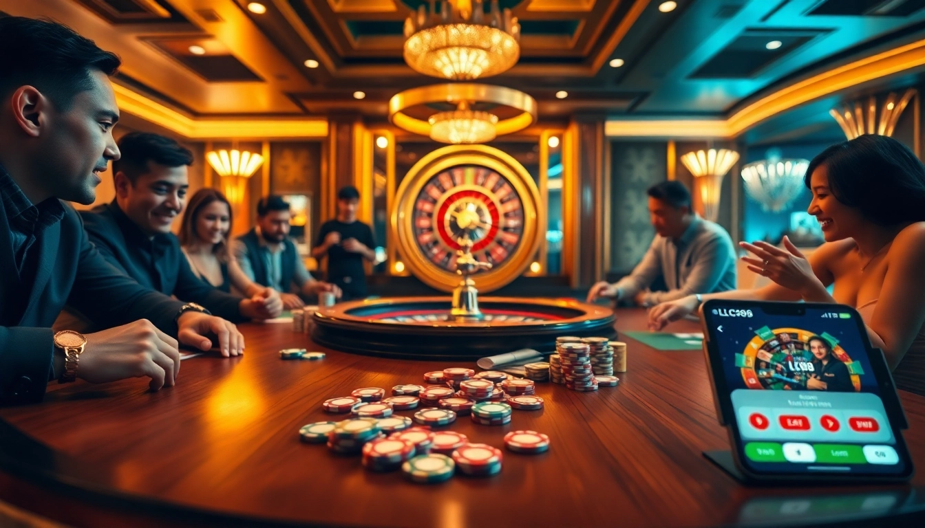 Players enjoying a thrilling game at Nhà Cái LC88 casino, filled with excitement and vibrant colors.