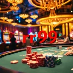 Engaging poker scene with rr99 betting chips, glamorous tables, and vibrant casino lights.