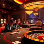 The thrilling atmosphere at https://8kbettt.live/ with players engaged at a high-stakes poker table surrounded by slot machines.