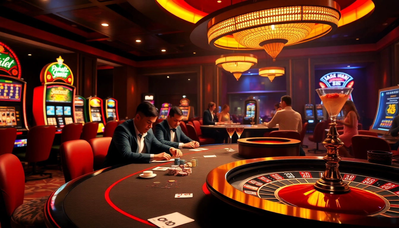 The thrilling atmosphere at https://8kbettt.live/ with players engaged at a high-stakes poker table surrounded by slot machines.