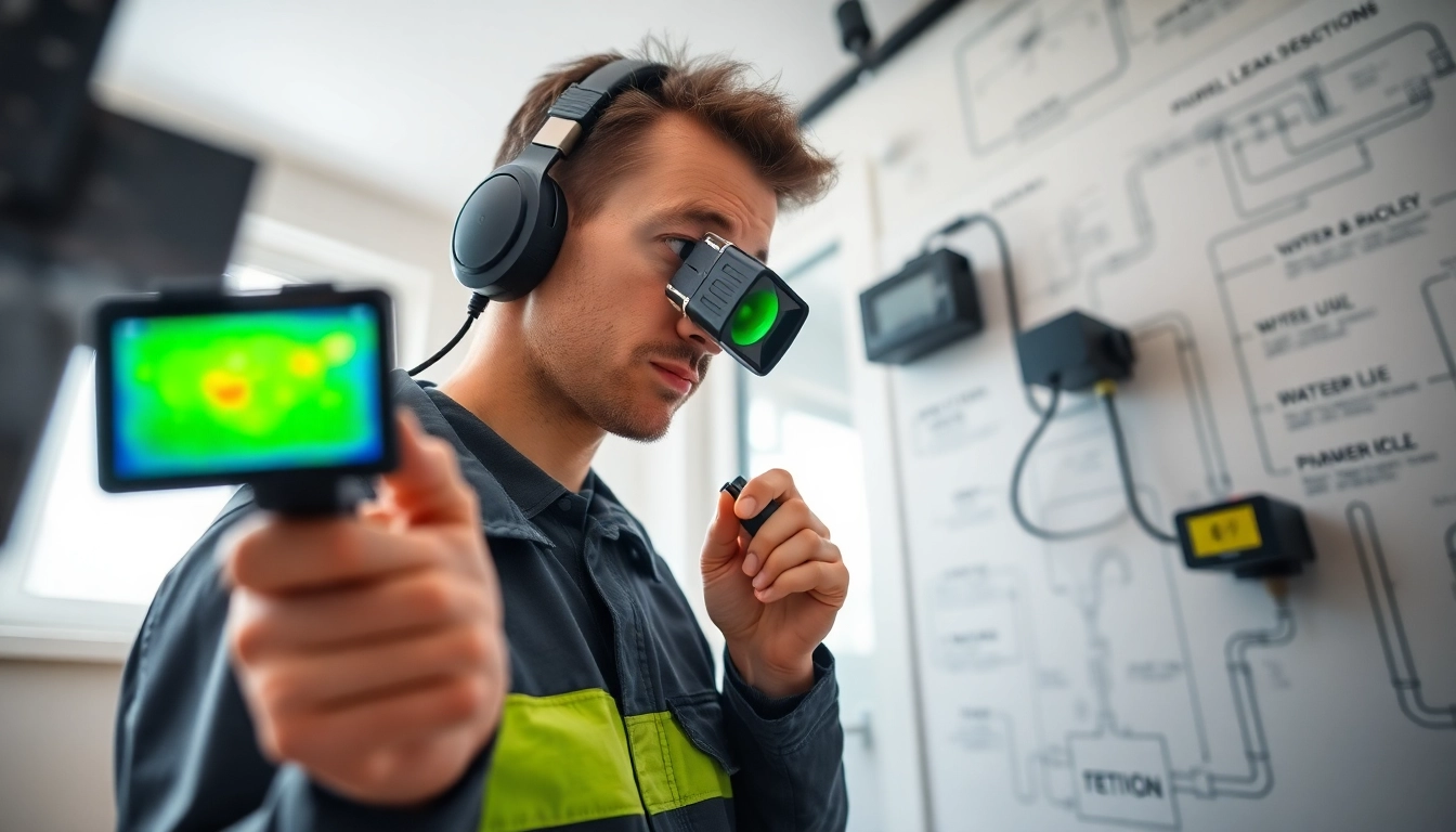 Leak detection technician using advanced tools to identify water leaks in a modern plumbing system.