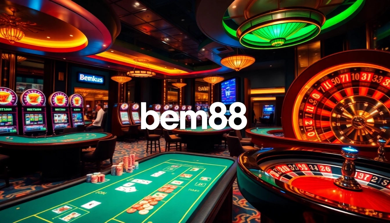 Experience high-stakes gambling at bem88 with vibrant tables and slot machines.