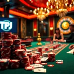 Experience the excitement of casino gameplay at TPJ featuring poker chips and a roulette wheel.