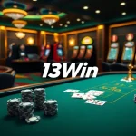 An exciting scene of a luxurious casino showcasing nhà cái 13Win poker table with chips, cards, and a roulette wheel.