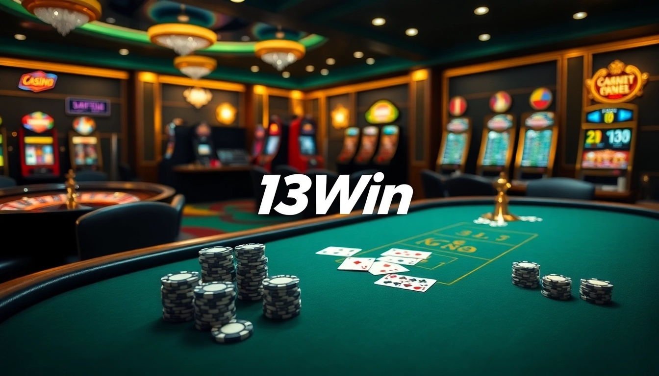 An exciting scene of a luxurious casino showcasing nhà cái 13Win poker table with chips, cards, and a roulette wheel.