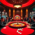 Excited gamblers play poker in a luxurious casino setting, highlighting sunwin's thrilling atmosphere.