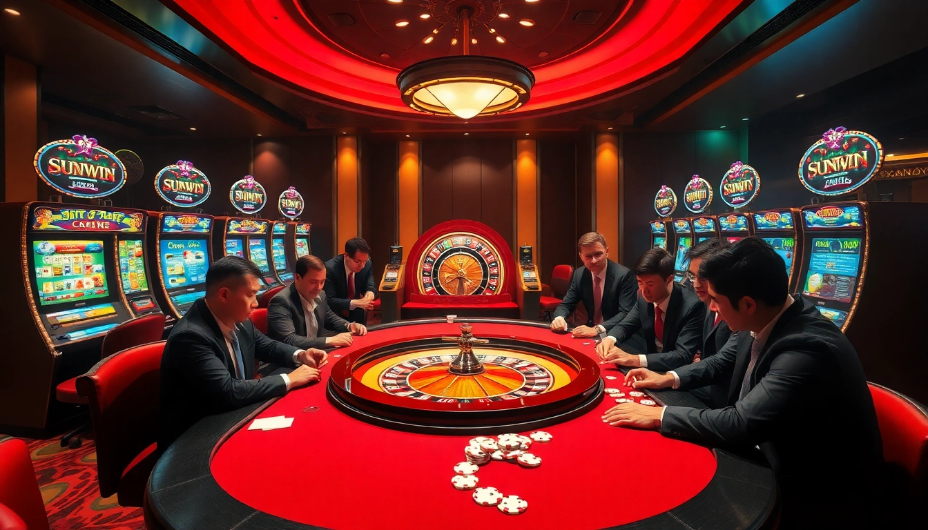 Excited gamblers play poker in a luxurious casino setting, highlighting sunwin's thrilling atmosphere.