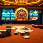 Experience an exciting game at 7C77 with poker chips and a roulette wheel in a luxurious casino setting.
