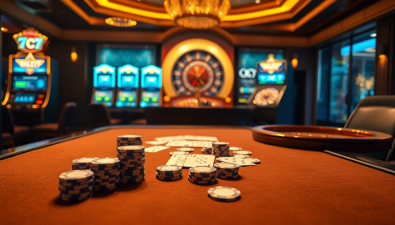 Experience an exciting game at 7C77 with poker chips and a roulette wheel in a luxurious casino setting.