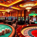 Experience the excitement of LV88 with vibrant poker tables and luxury casino atmosphere.